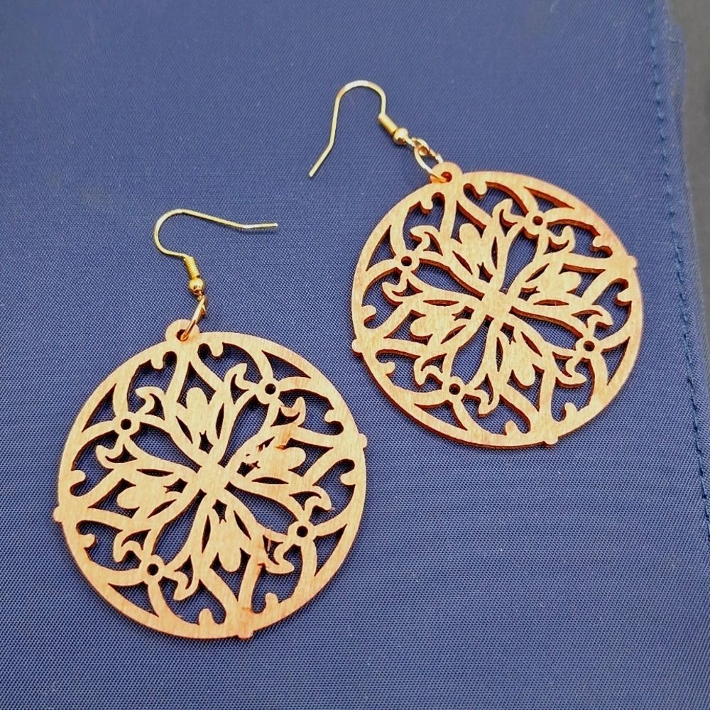 Brown Hollowed wood round earrings